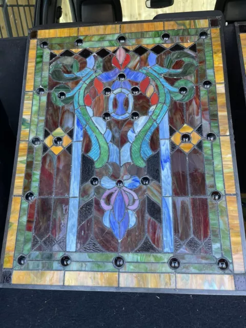 Vintage  Lead Stained Glass Window Hanging Panels - 3 pieces