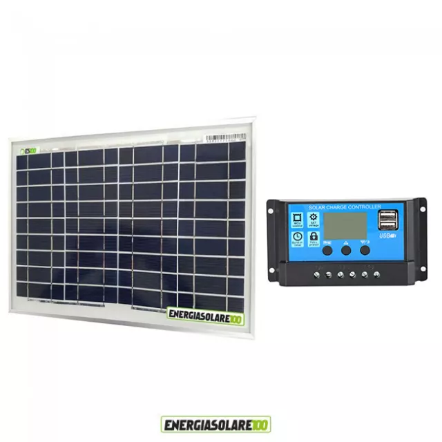 Kit Starter Panneau solaire 10W 12V polycristallin Régulateur de charge PWM 10A