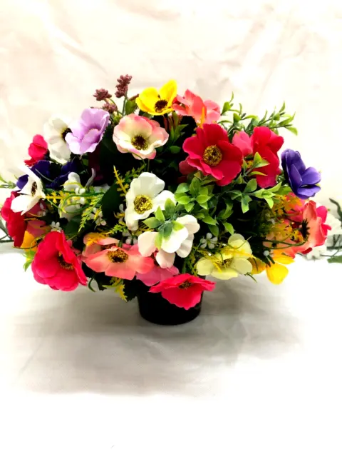 Artificial Flower Silk Memorial Grave Pot With Poppies & Greenery Hand Made