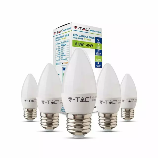 V-TAC 5.5W (40W) Candle LED Bulb 40W Equivalent E27 ES (5 Pack)