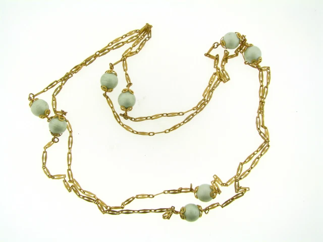 Vintage Textured Brass Victorian Link Light Mint Pearly Lucite Bead Necklace