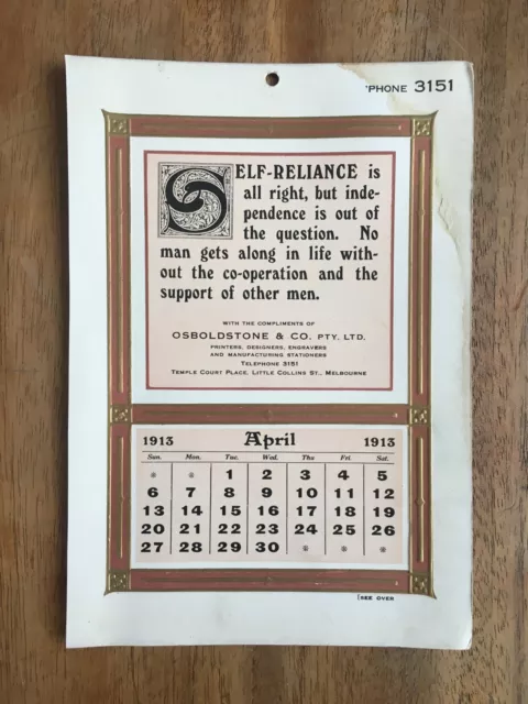 Antique April 1913 Calendar By Osboldstone & Co Melbourne Printer Art Nouveau