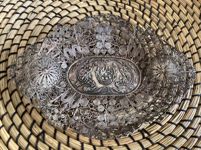 Antique -Chinese 19thCc Qing Dynasty Filigree Silver Dragon Butterfly Tray