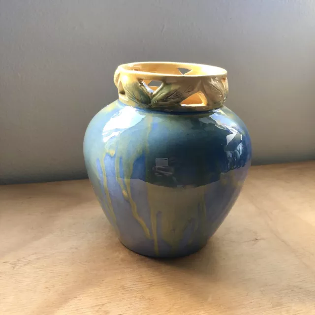 Vintage 1930s hand thrown Deco drip glaze ceramic vase Australian Studio Pottery
