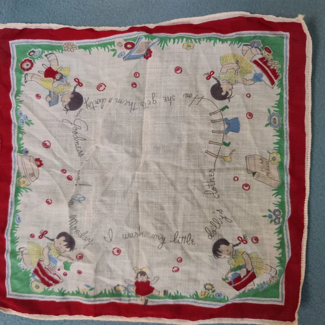 Childs Hankie Monday I Wash My Dolly's Clothes Cotton 1950s Vintage Adorable