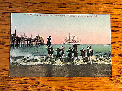 California CA, Santa Cruz, Women In Surf & Sailboat Balboa In Background ca 1910