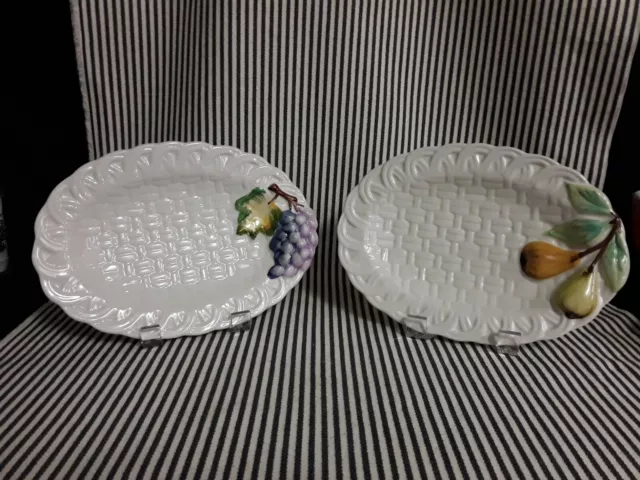 Nos Lot Of 2 Set Vtg Majolica Weave Basket Grapes Fig Pear Fruit Plates Platters