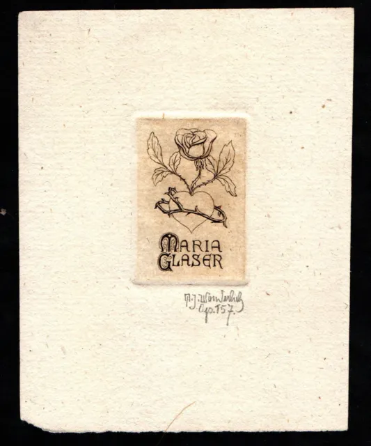 Exlibris Max Julius Wunderlich Glaser Rose Herz Liebe signiert Radierung etching