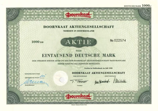 Doornkaat AG - Norden in Ostfriesland - Aktie - 1960 - 1.000 Deutsche Mark -