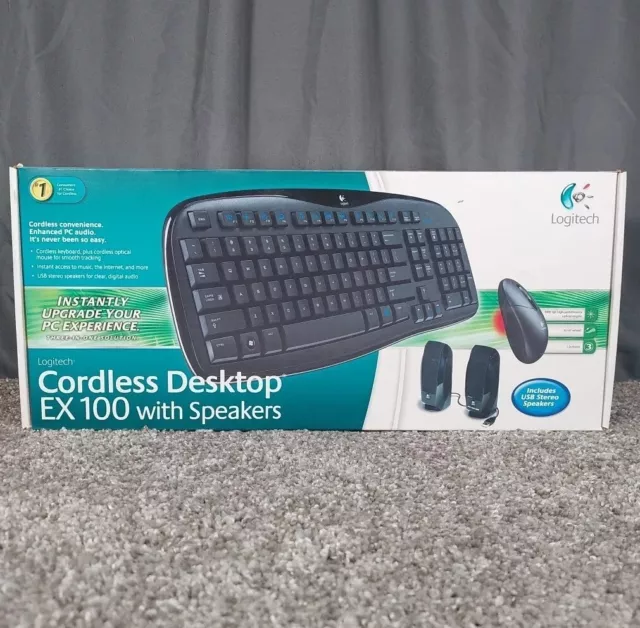 Logitech Cordless Desktop EX 100 Keyboard W/Speakers And Mouse New Open Box
