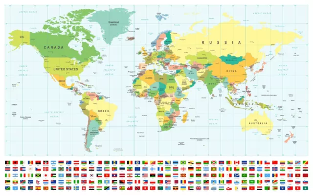 (LAMINATED) MAP OF THE WORLD POSTER GIANT SIZE 120X90cm  FLAGS WALL PRINT TRAVEL