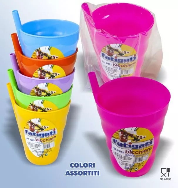 SET 12 PEZZI Bicchieri In Plastica Colorata Con Cannuccia