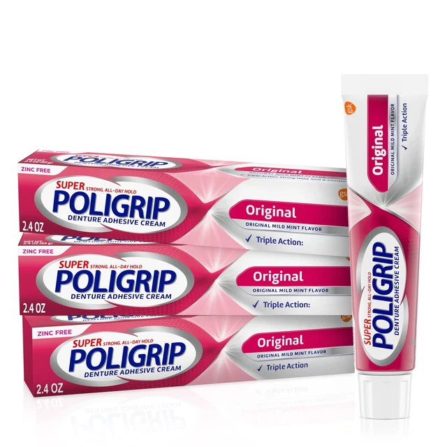 Super Poligrip Original Denture and Partials Adhesive Cream, 2.4 Oz, 3 Pack