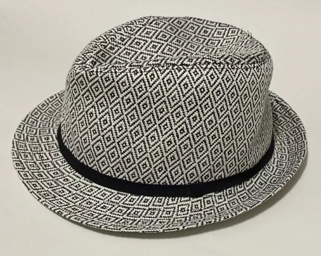 apt.9 fedora hat black white geometric print 100% paper grosgrain band os