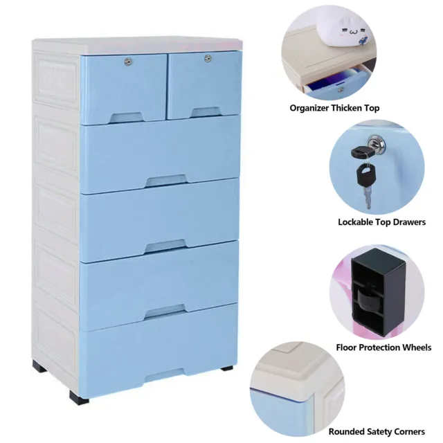 Plastic Drawer Dresser Storage Cabinet Closet Organizer 6-Drawer 4 Wheel+Lock
