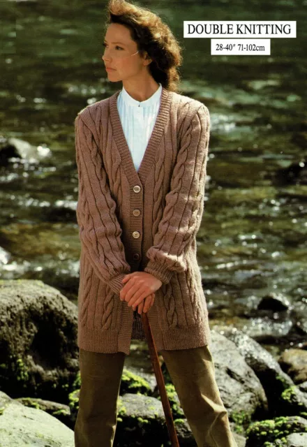 Lady's long cardigan cable knitting pattern in DK. Woman's jacket V neck.