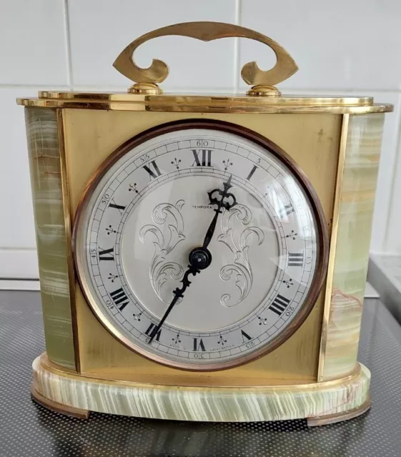 Tempora Brass & Onyx Marble Mantle Clock - Very Heavy.