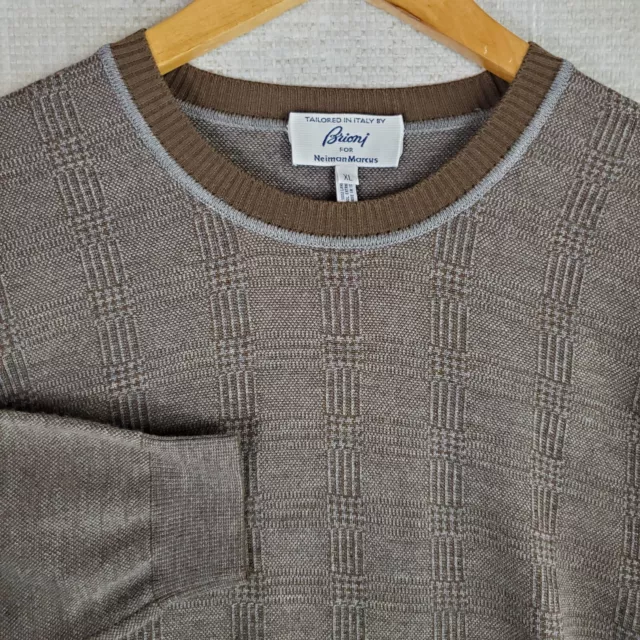 BRIONI ITALY Mens Size Large 100% Wool Houndstooth Plaid Sweater Crew Neck Brown