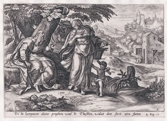 J.Snellinck / Jode - Elijah widow of Zarephath Bible engraving Kupferstich 1580