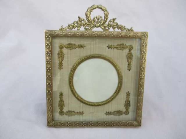 Antique French Empire Style Gilt Bronze Brass & Silk Square Photo Frame & Knot