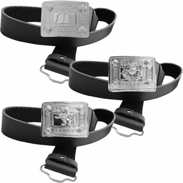 Scottish Black Leather Celtic Thistle & Lion Kilt Belts With Buckles