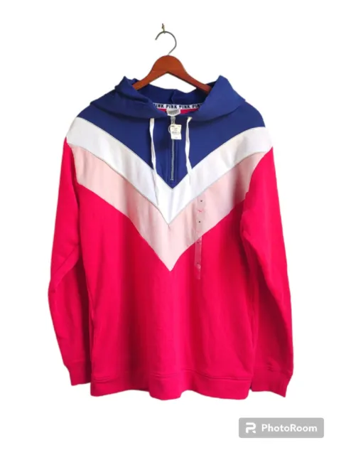 NEW Victorias Secret Medium Colorblock PINK Hoodie Pullover Sweatshirt half zip