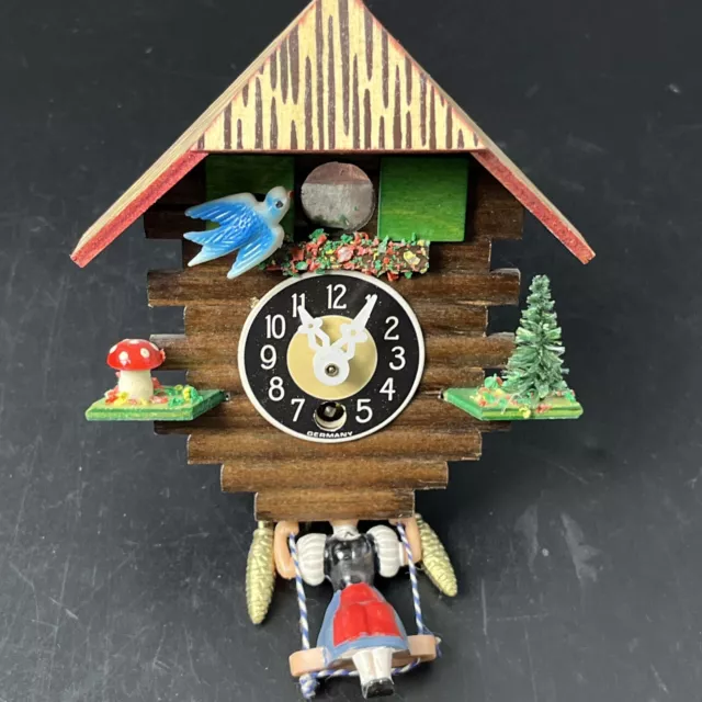 German Engstler Novelty Mini Cuckoo Clock Mushroom Tree Swinging Girl Untested 3