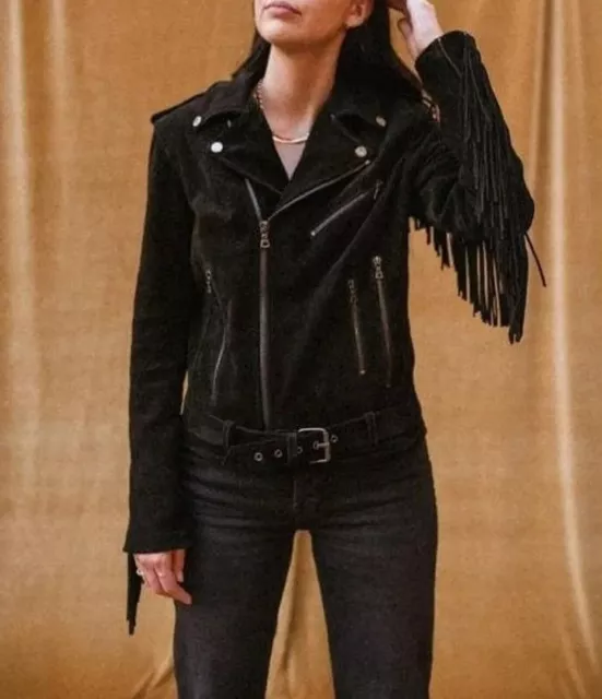 Lambskin Jacket Genuine Women Black Motorcycle Fringed Suede Leather Handmade