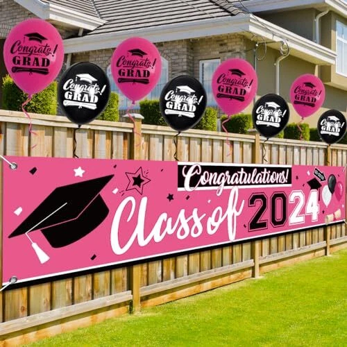 CLASS OF 2024 Graduation Pink Banner Congrats Grad Backdrop with 8pcs