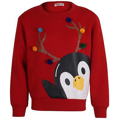 Ragazze Ragazzi Scuola Natale Rosso Felpa Maglia Pinguino Regali per Bambini