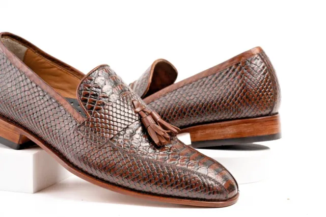 HANDSOLE Mens Real Leather Loafers Tassel Slip On Brown UK9.5 Snake Crocodile