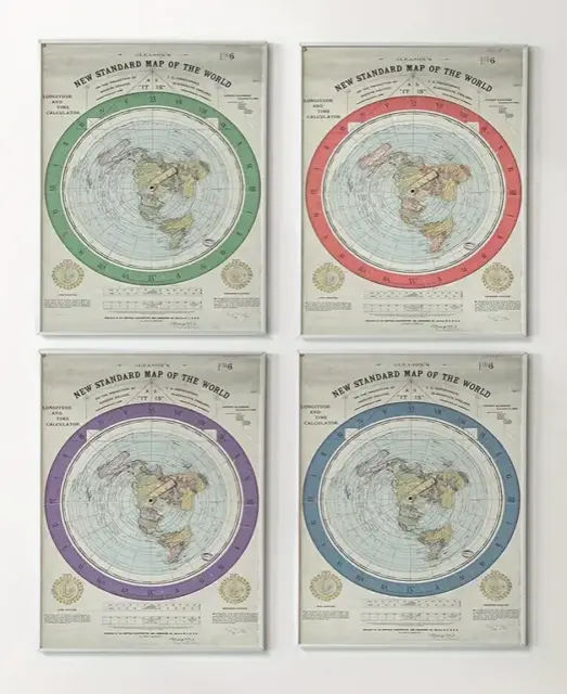 Flat Earth New Standard World Map Gleasons 1892 - Canvas Poster Wall A3 30x42cm