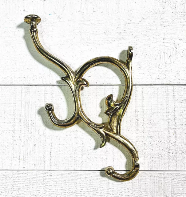 Wall Hook Hanger Hat Coat Hardware Brass Floral Swirls Victorian Gold Vintage