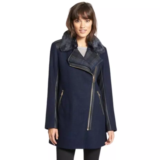 SAM EDELMAN Navy Black Leah Coat Wool Faux Fur Vegan Leather Women's Small