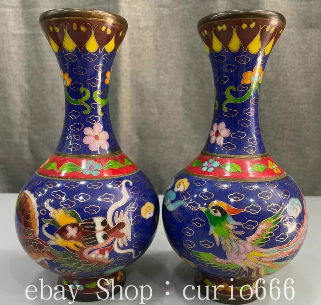 7.6'' Old Chinese Cloisonne Enamel Bronze Dragon Phoenix Bottle Vase Pair