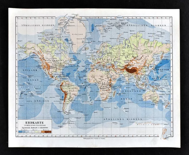 1900 Meyers Physical World Map Mountains Rivers Europe Asia America Africa