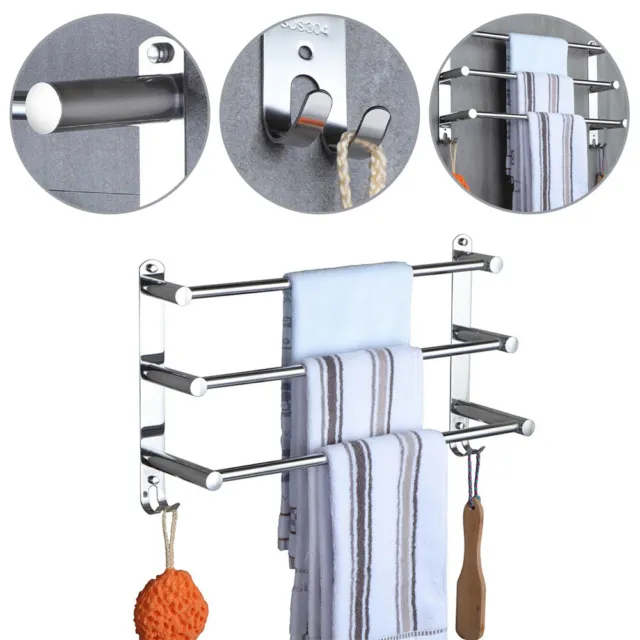 3 Tier Stainless Steel Chrome Towel Rail Shelf Holder Wall Mounted Bathroom Rack