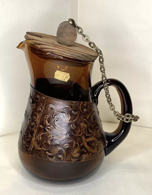 Spanish MCM Amber Glass Sangria Pitcher. Embossed Leather. Wood Cover on Chain