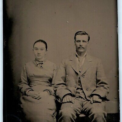 c1860s Sharp Handsome Young Man Cute Woman Tintype Photo Plate Only Married? H13