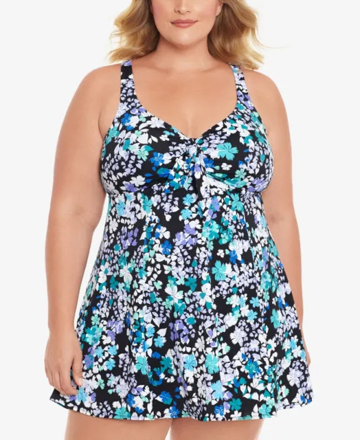 $119 Swim Solutions Plus Size Dancing Queen Bow-Front Swimdress Size 18W