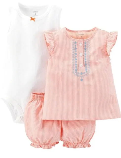 Carters Baby Girls 3-Piece Striped Romper Set Salmon Purple White Size 6 Months