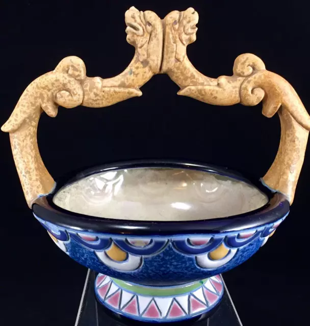 Art Deco Majolica Amphora Antique Basket With Sculptural Double Dragon Handle