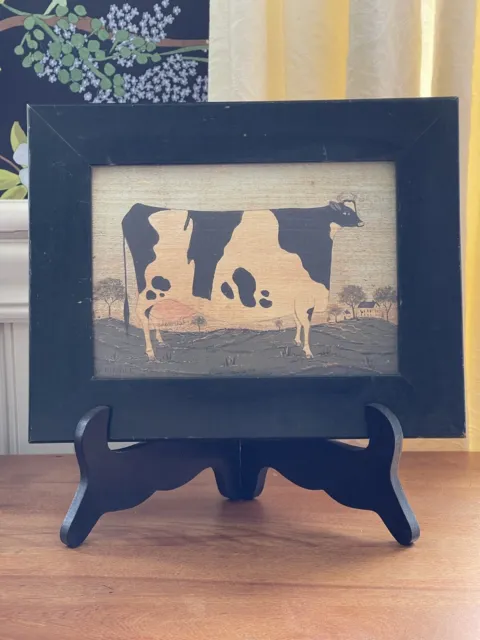 Vintage Warren Kimble Cow on Wood Framed Folk Art Rustic Primitive 9.5” x 7.25”