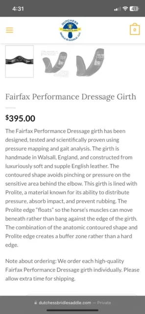 Fairfax Dressage Girth 26”, Black, Excellent