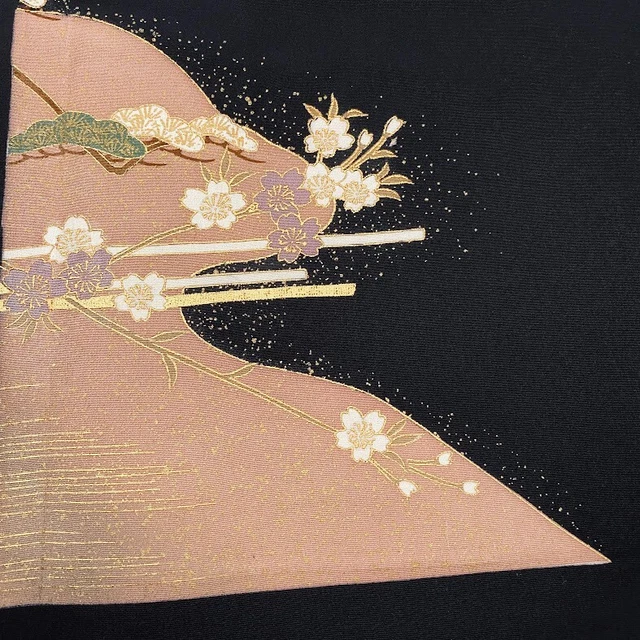 Sakura #A 14x64 LONG Hand Painted Vintage Tomesode Black Kimono Silk ToD91