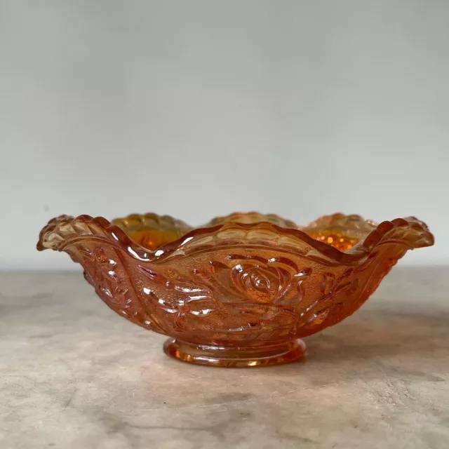 Pretty Imperial marigold carnival glass bowl ROSE & LEAF PATTERN