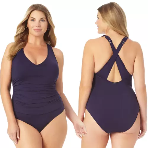 NEW Anne Cole V Neck Cross Back One Piece Swimsuit Plus Size 20W Navy Blue