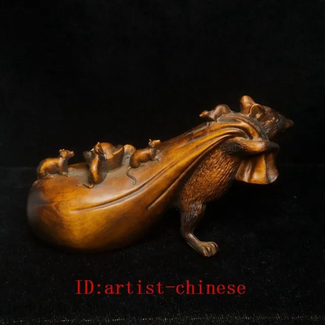 L 5.2 inch Chinese wood Boxwood carved wealth bag mouse statue Decoration Gift