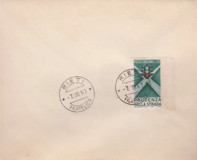 Italia Repubblica 1957 EDUCAZIONE STRADALE SU BUSTA Annullo FDC RIETI FILATELICO