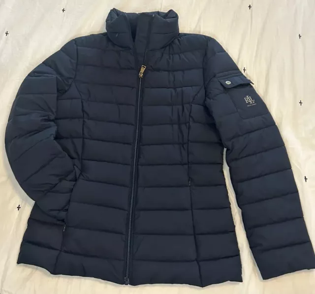 RALPH LAUREN Women's Jacket Navy Blue Stretch Patch Pocket Puffer Hooded Size XS